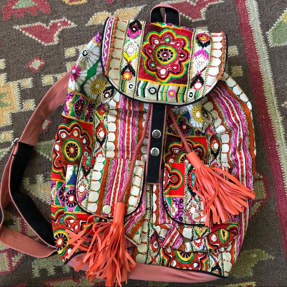 Free People beaded tribal Indian backpack
